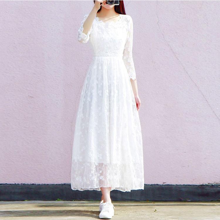 白ワンピース マキシワンピ 7分袖 レース ワンピース レディース リゾート夏ロング丈 ホワイト パーティードレス 結婚式 大人 女性 謝恩会