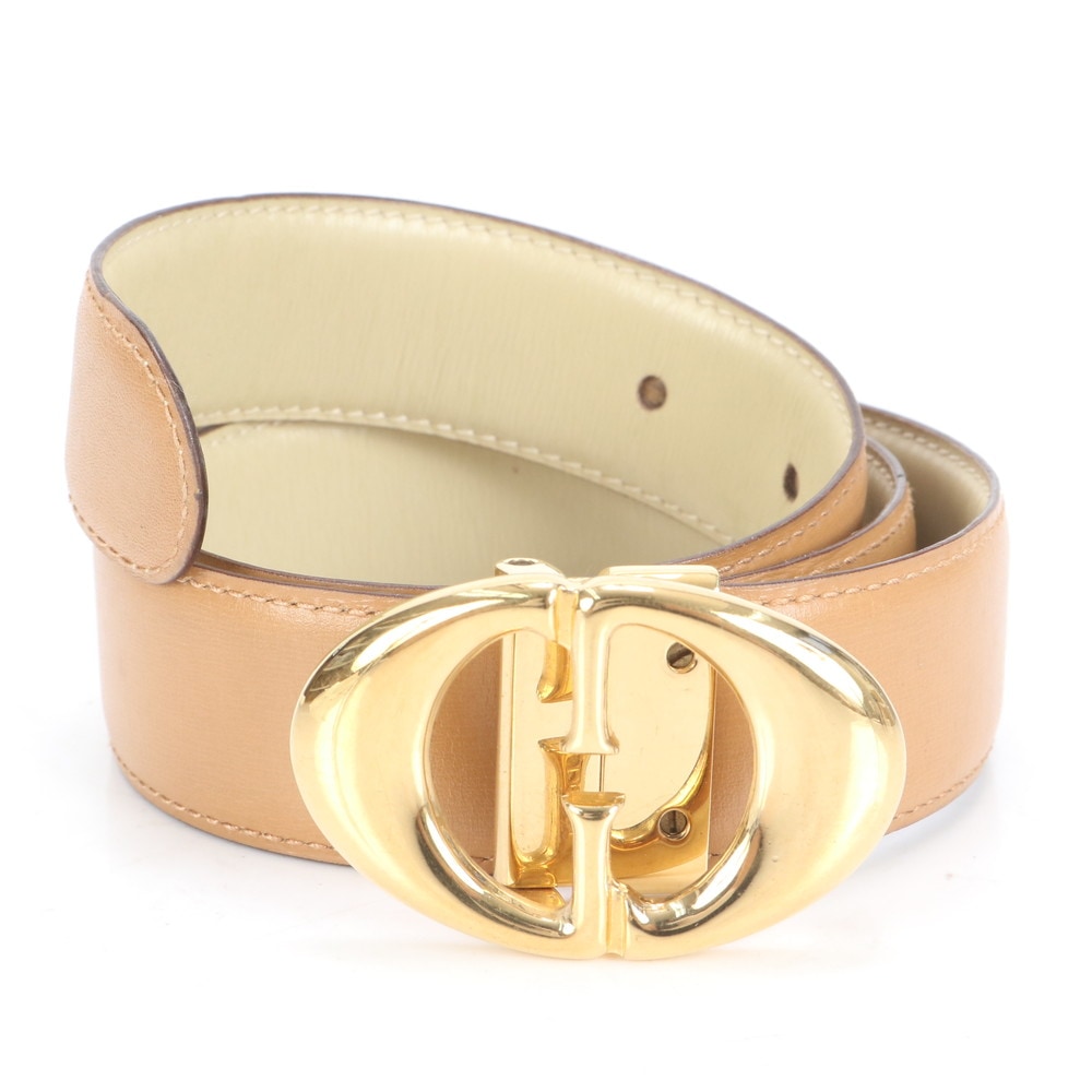 美品 GG ロゴ ベージュ ゴールド バックル レザー ベルト レディース RUE CP7-1 中古