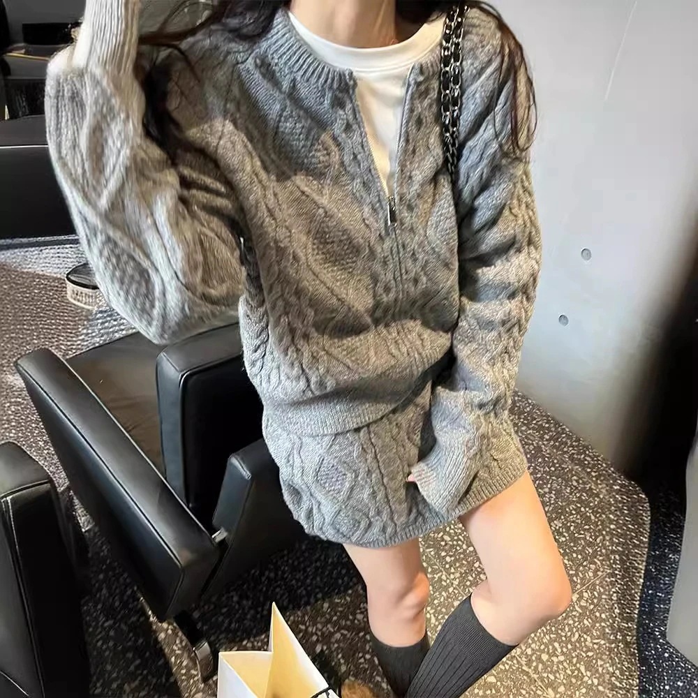 人气作セットアップ涼しく楽ちんセットアップファスナーセーターカーディガンレトロカジュアルニットスーツレディースファッション二点セット