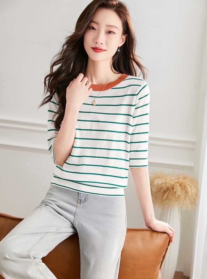 秋 ミッドスリーブ ストライプ ウール セーター 女性 薄い セクション ニット tシャツ 秋 シャツ ショート セクション トップ M L XL トップス 袖あり かわいい 大人可愛い きれいめ
