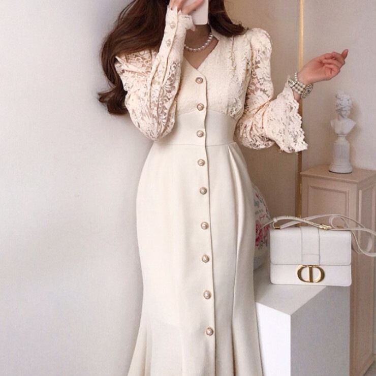 ドレス レディース ワンピース スカート マーメイドスカート ワンピドレス 膝下 ロング丈 ミディアム丈 長袖 シャーリングパフ 襟なし Vネック スリム 透け感 細身 レース フリル ハイウエスト