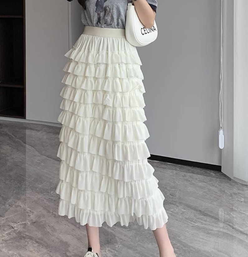 スカート デート モテアイテム ティアードスカート ミモレ丈 フリル レース 大人可愛い きれいめ 上品 おしゃれ かっこいい 大人可愛い ラブリー キュート ガーリー クール モード系 セクシー