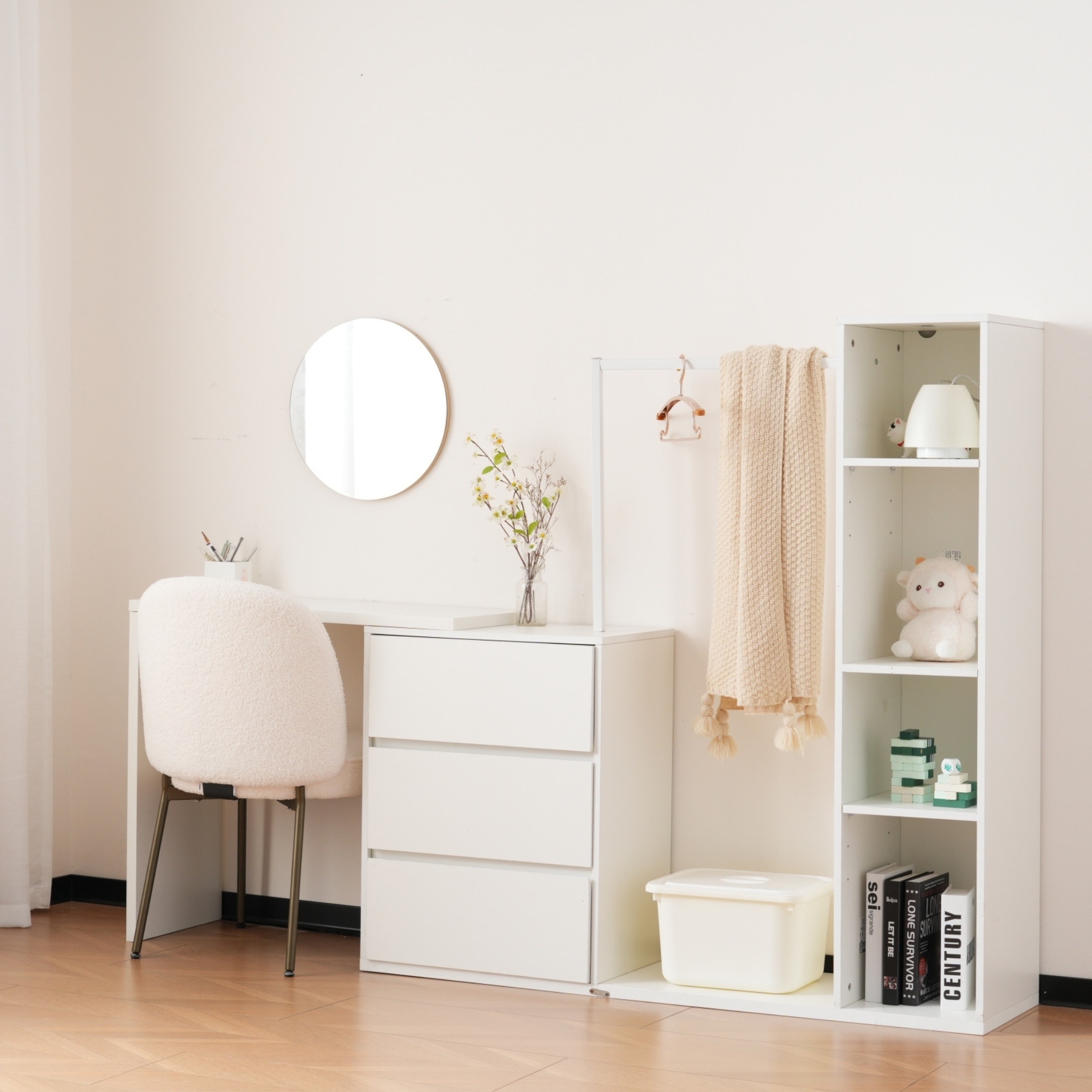 【大好評！最安値挑戦!】3段キャビネット+幅調整デスク+ ハンガーラック+ラック 化粧台 デスク木製 チェスト サイドボード リビングボード ハンガーラック 収納チェスト タンス キッチンボード 大容