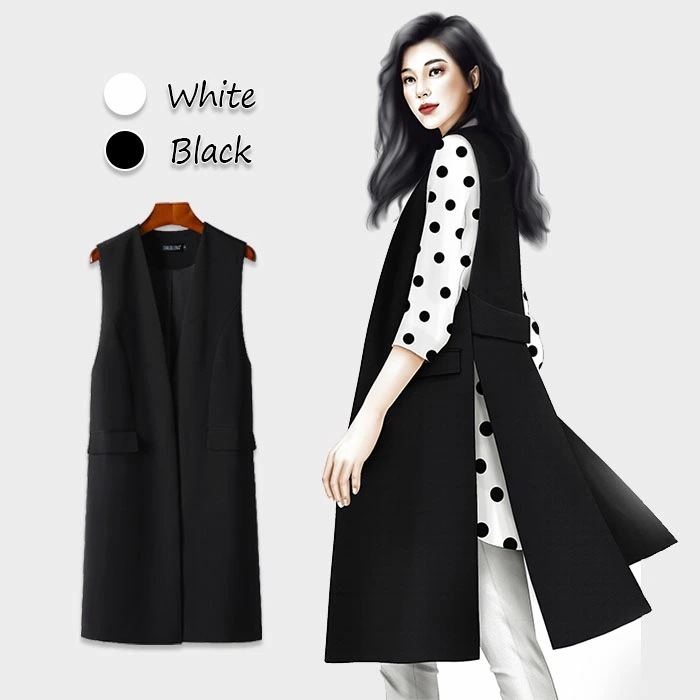 【期間限定！】ジレ カジュアルコート スーツ素材 ロングジレ ロングベスト レディース トレンチベスト ロング丈スーツベスト ノーカラー アウター 2XL 3XL 4XL 大きいサイズ ブラック ホワ