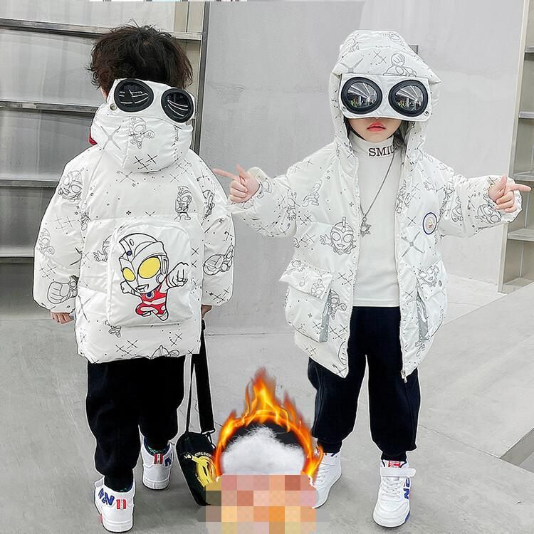 新しい 子供はベルベット入り綿服ダウンジャケットの中の子供はウルトラマンのダウンジャケットの中の長い皮のコートをいっぱい印刷している