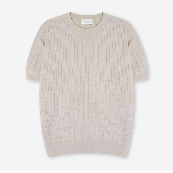 男性ケーブルリネンラウンド半袖ニットTシャツ AT KNH Q012 ディープベージュ_P422651162