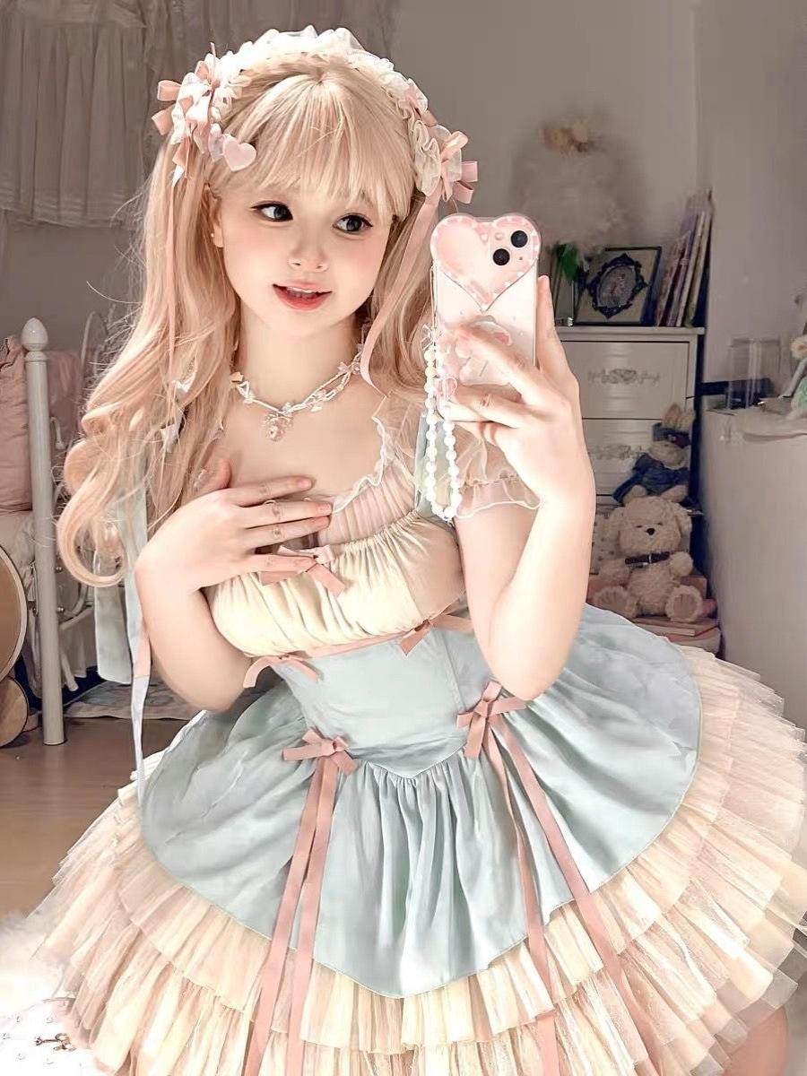 ロリータスカート ロリータ小リボンsp 甘くて可愛いサスペンダースカート バレエドレス