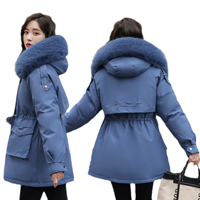 スタイルの女性用取り外し可能な裏地ベルベットと厚みのあるパイジャケットミドル丈大きな毛皮の襟ウエストを締めるコットンジャケット