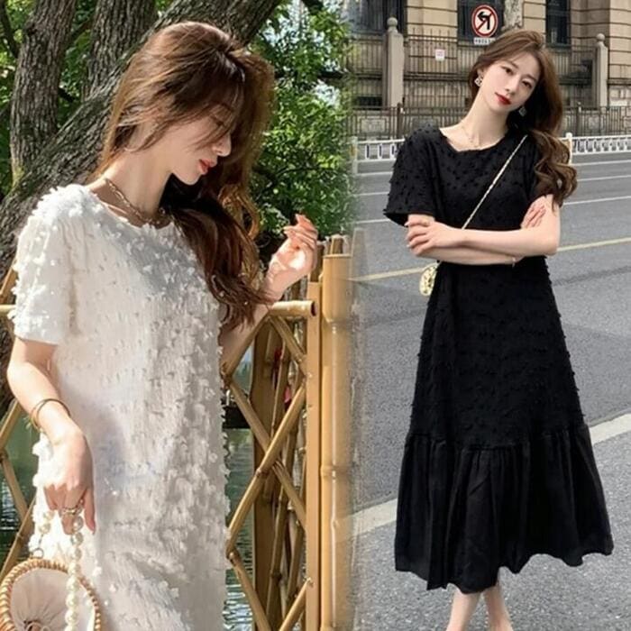 ワンピース ワンピ ドレス フェザー 袖あり レディース エレガント きれいめ カジュアル 半袖 大人 可愛い フェミニン ミモレ丈 切り替え フレア ティアード シンプル ブラック 黒 ホワイト 白