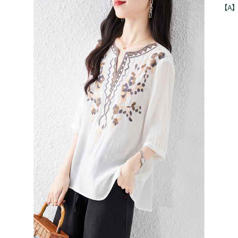 トップス レディース おしゃれ 上品 通勤 オフィス カジュアル 夏 レトロ リゾート 刺繍 シャツ ユニーク 薄手 涼しい 涼しい