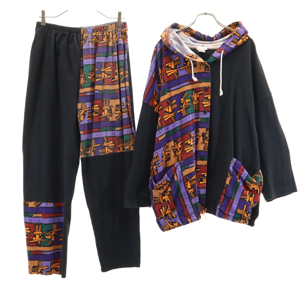 VIVI 90s USA製 オールド エスニック柄切替 7分袖 パーカー 上下セットアップ ONE SIZE ブラック レディース 古着 6,706円