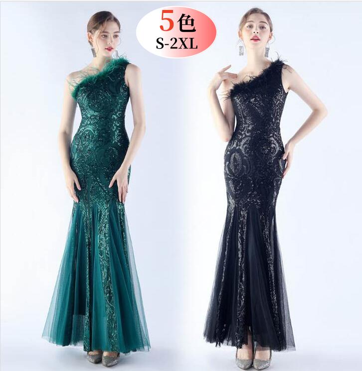 [スパンコール デザイン刺繍 裾シースルー マーメイドライン ロングドレス]ファー付き ワンショルダー ワンピース ドレス 披露宴 二次会 キャバドレス ロングドレス タイトワンピース イブニングドレ