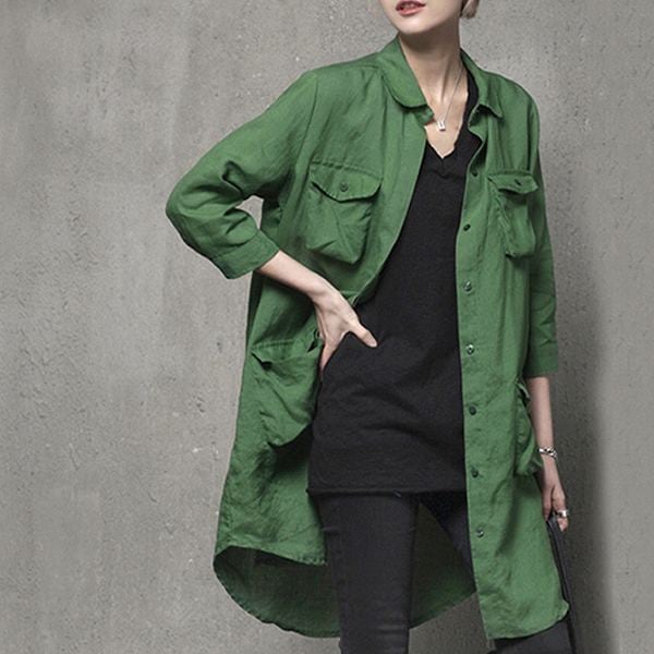 新製品 大人カッコイイ　長袖シャツ　麻　デカポケット　グリーン　サックス　ブラック　チュニック