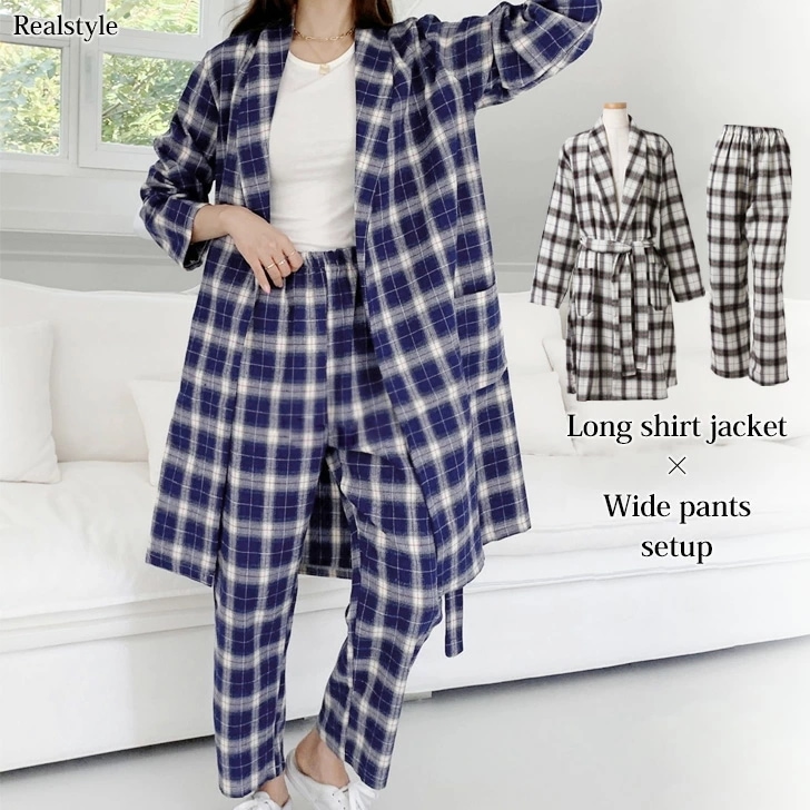 チェック柄ロングシャツジャケットワイドパンツセットアップ レディース トップス ボトムス 5,742円