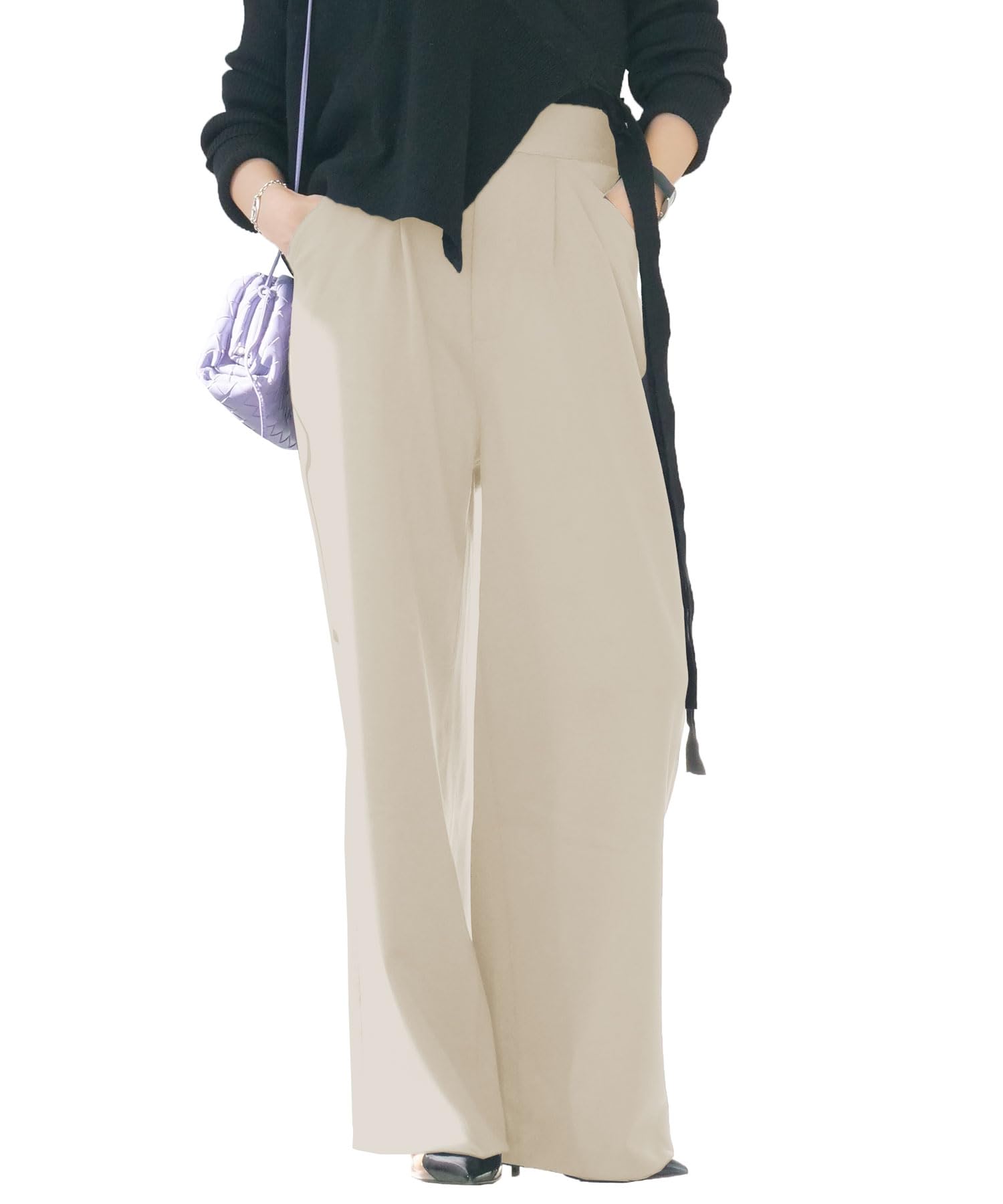 [神戸レタス][ 田中亜希子 さん コラボ ] ワイドパンツ ストレートパンツ ジャージー レディース 低身長 [M3363] M ロング アイボリーベージュ