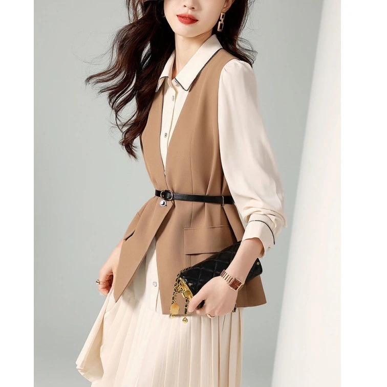 ハイエンドのカスタマイズ-おしゃれな気質のシャツスーツ2024春新作ベストフレンチスタイルレトロカジュアルドレス2点セット