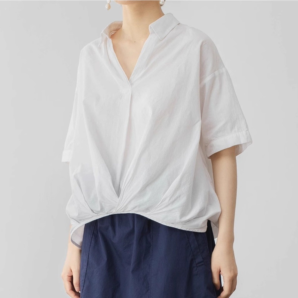 レディース トップス シャツ 半袖 Vネック 襟付き ワイド 透け感 かわいい 大人可愛い きれいめ シンプル カジュアル おしゃれ かっこいい レトロ こなれ感 ラフ メンズライク マニッシュ