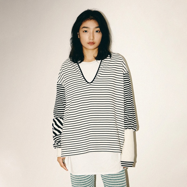 22SS Striped T Shirt ストライプパッチワーク長袖Tシャツ