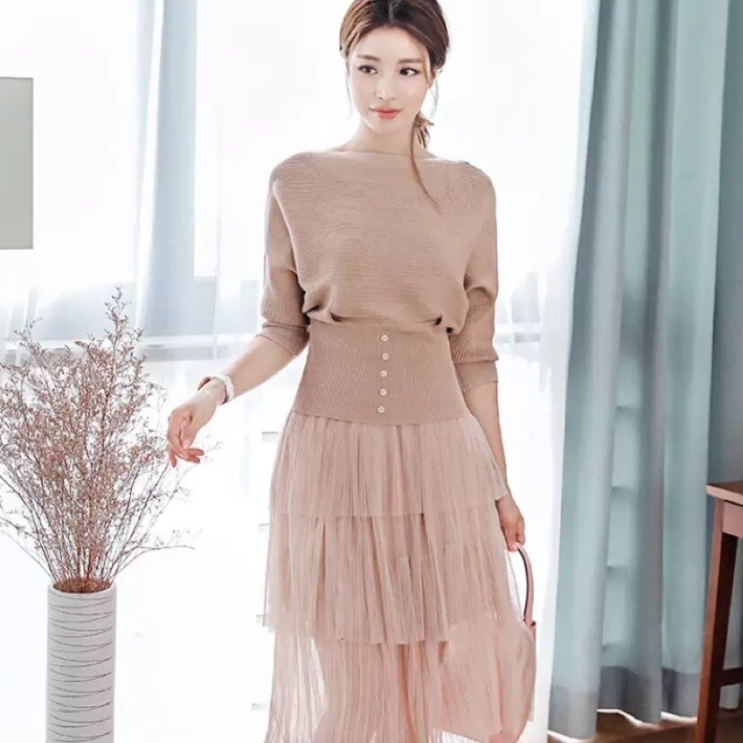 3色 セットアップ 半袖 春夏 きれいめ ロング aライン 2ピース フレア チュールスカート 膝丈 ひざ丈 膝下 ミモレ ミモレ丈 七分袖 ボリューム袖 ボリュームスリーブ 袖コンシャス 襟なし フ