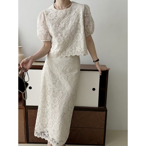 カジュアル エレガント レーストップス+スカート セットアップ大きいサイズ レディース きれいめ 半袖 七分袖 五分袖 無地 冬春 cut and sewn