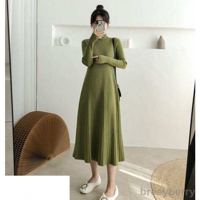 【即納】長袖 レディース Aライン ミモレ丈 リブニットワンピースニット ワンピース ハイネック 秋冬 大きいサイズ 3L L 黒 シンプル きれいめ カジュアル おしゃれ 大