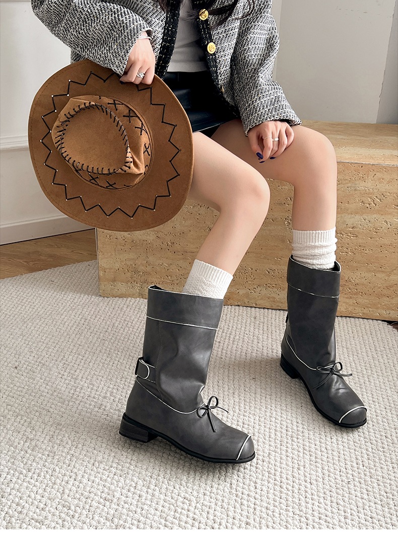 2024 韓国秋冬 3cm ヒール ベルト付き ロングブーツ 靴 美脚 脚長 色っぽ風 女っぽローヒールカジュアルフェイクきれいめ 大人っぽ 上品 ウエスタンブーツ PUエコゆったり フェミニン秋冬