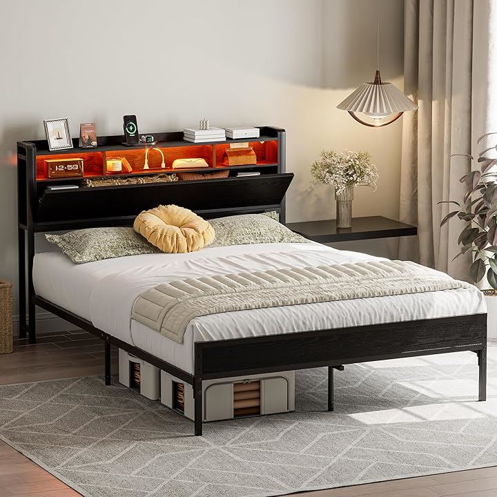 ベッドフレーム 収納宮棚付き パイプベッド コンセント付き シングルベッド スチールベッド LEDライト付き 2段階高さ調整 頑丈 カビ防止 安定性 耐久性 (ブラック, ダブル)
