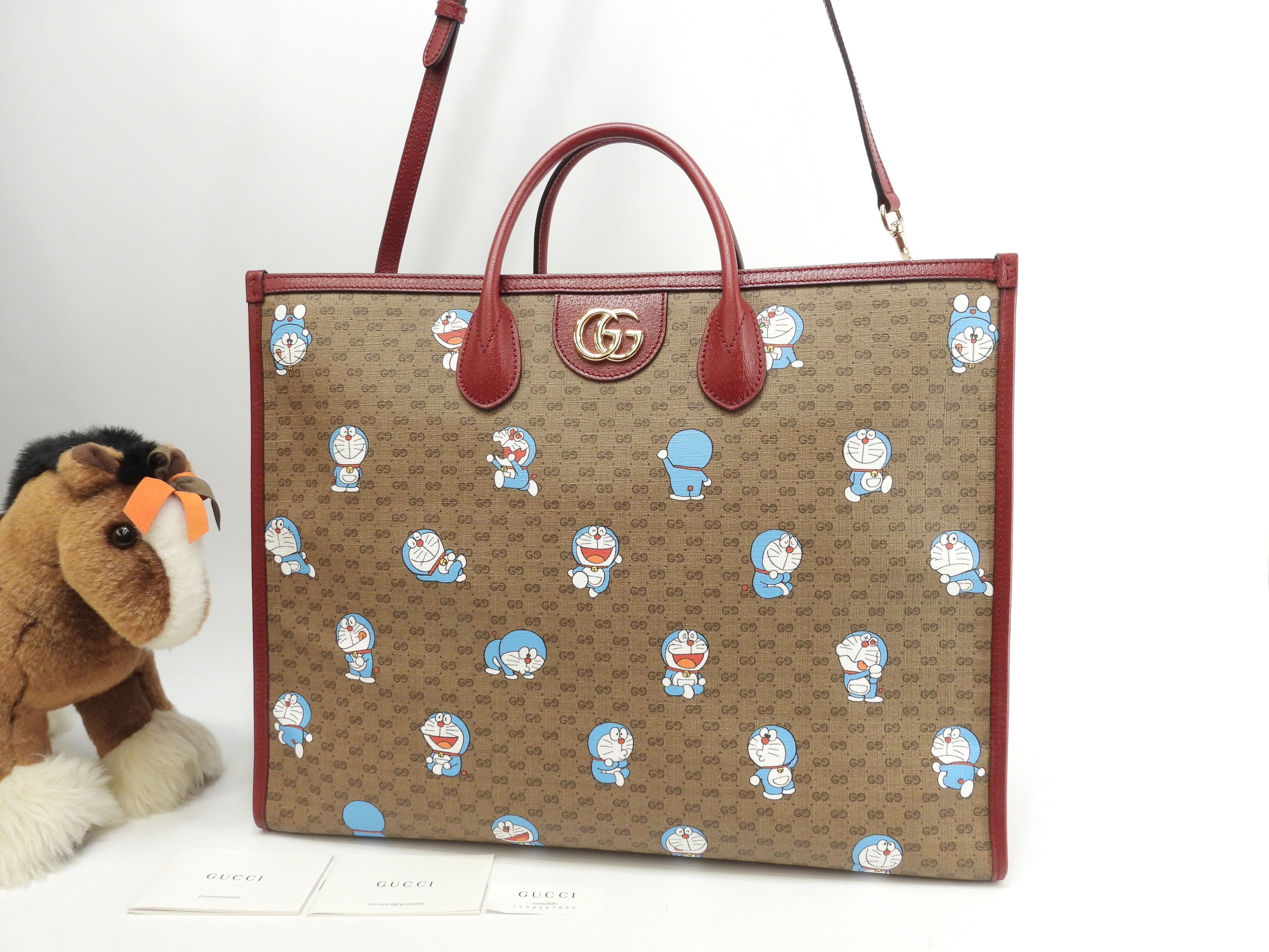 s付トートバッグ大 ドラえもん マイクロGG茶赤 ハンドバッグ大 ショルダーバッグ 美品@ 11