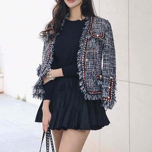 ジャケット レディース ノーカラージャケット バイカラー フリンジ パール ポケット装飾 バイカラー ツイード クルーネック ショート丈 パフスリーブ アウター ミディアム丈 lout0075