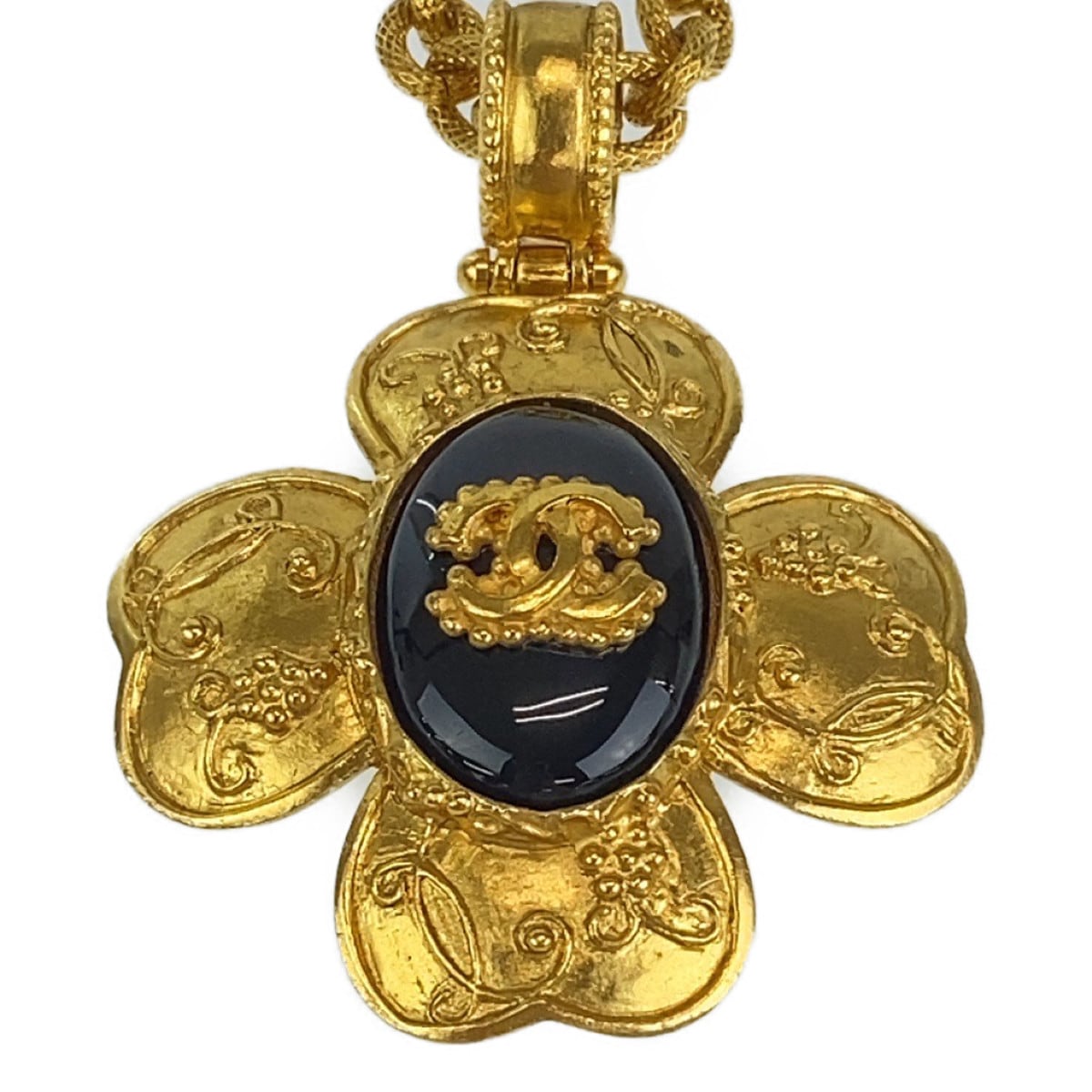 希少 美品 ヴィンテージ グリポア 天然石 ココマーク フラワー ゴールド ブラック メッキ ネックレス ペンダント レディース 402133