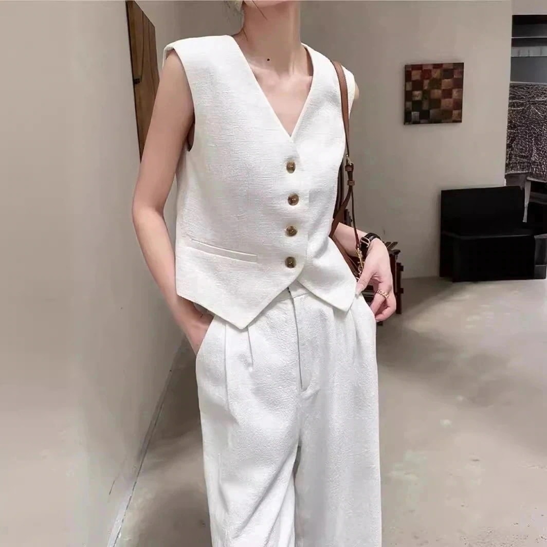 24 スーツ 上下セット 涼しく楽ちんセットアップ レディース L ベスト+ワイドパンツ韓国ファッション 通勤ノースリーブ ホワイト人气新作