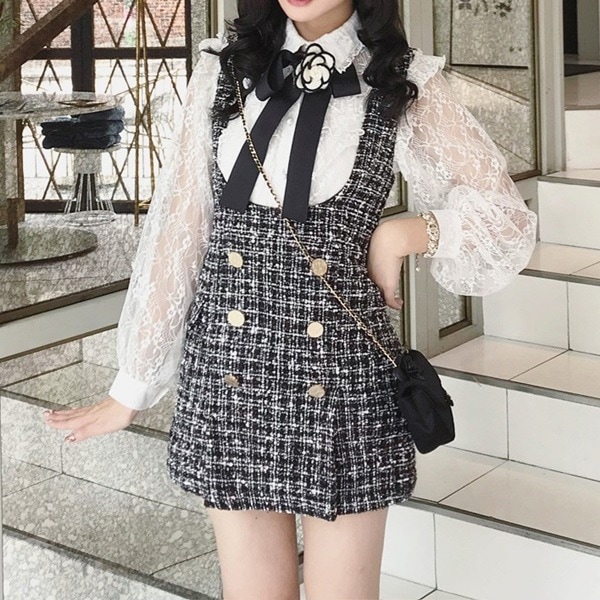 量産型ワンピース参戦服地雷お嬢様セットアップツーIピース可愛い韓国ゆめかわいいやみかわいいチェック柄花柄ハイネック詰め襟春長袖ショート丈ミニ丈オルチャンジャンパースカートブラウスレースリボンシースルー