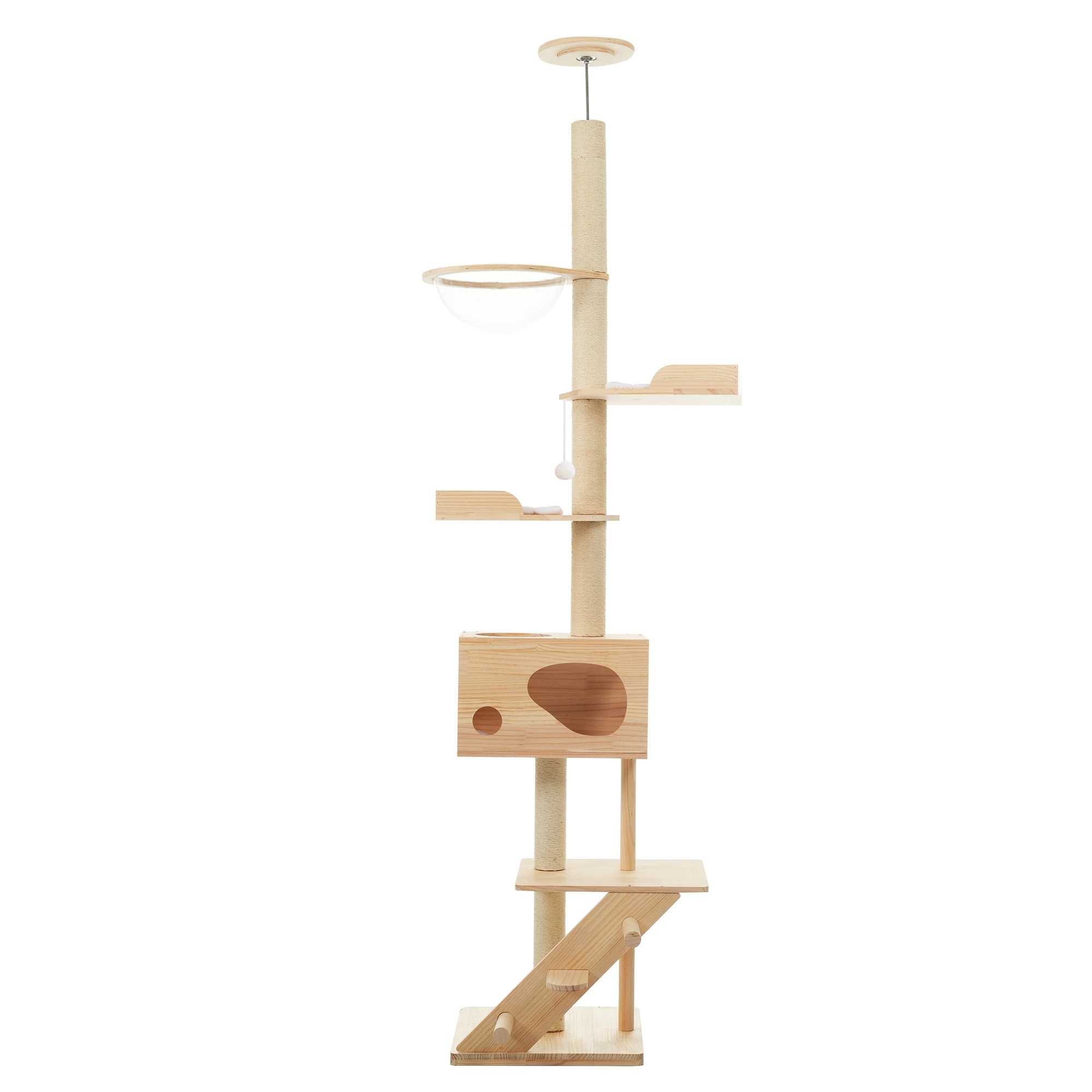 1527キャットタワー 猫タワー キャットツリー スリム 突っ張り 高さ260cm 木登りタワー ネコタワー 宇宙船付き 上り下りしやすい 爪とぎポール 木製 可愛い 子猫 大型猫 マット付き ペット