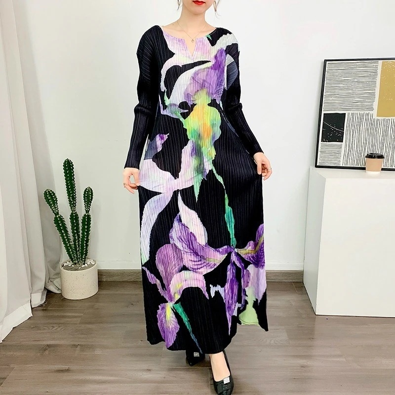 美人 母親 大きいサイズ 大人かわいい 母 上品 フレアワンピース プリーツ 花柄 ロング丈 きれいめ 長袖 ミモレ丈 ロング 春 30代 40代 おしゃれ レディース 50代 ファッション ワンピー