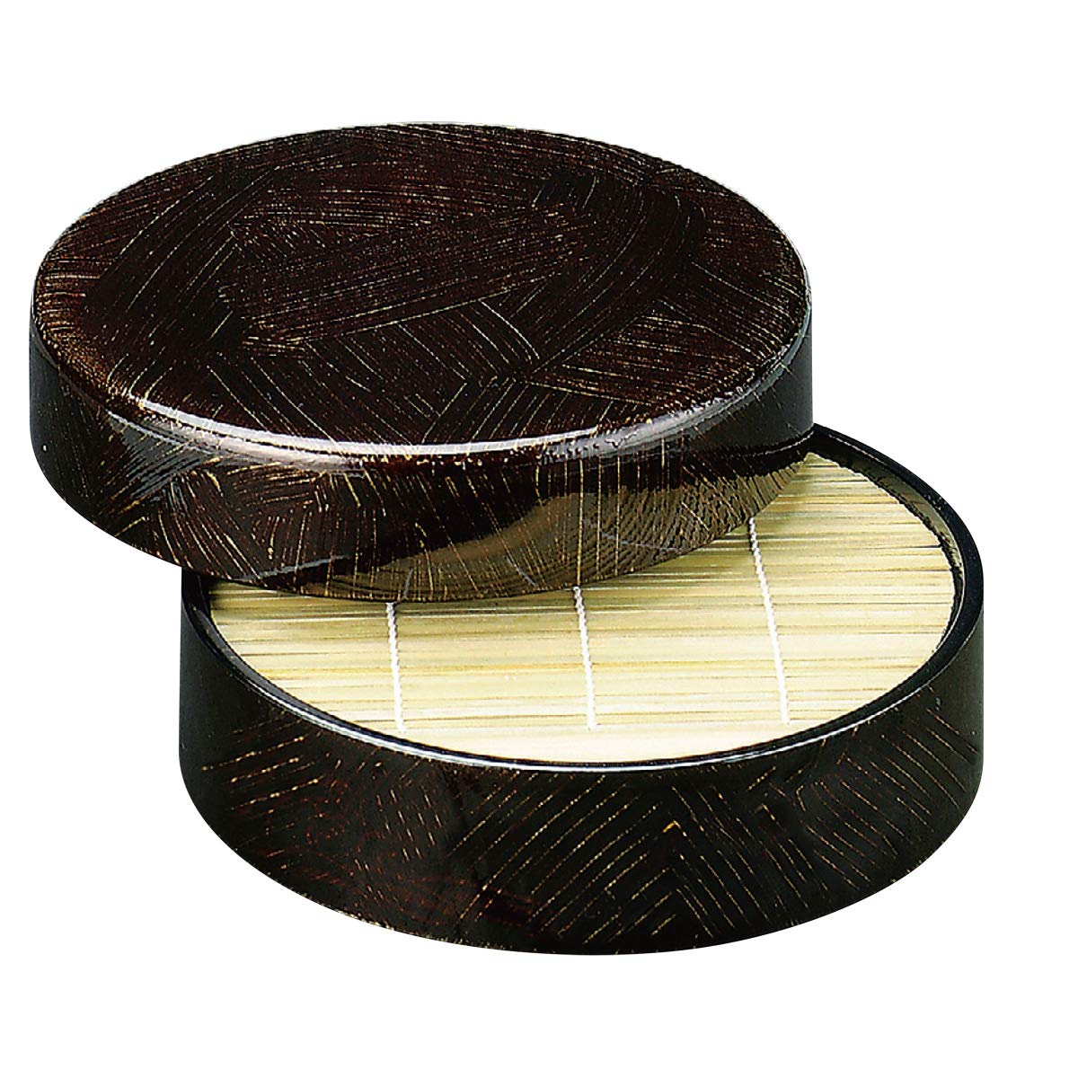 福井クラフト(Fukui Craft) そば皿 黒 Φ21.5x5.7cm ざる そば うどん 用 DX丸ざる 黒溜シルク+蓋+竹ス 5-660-31+32+33