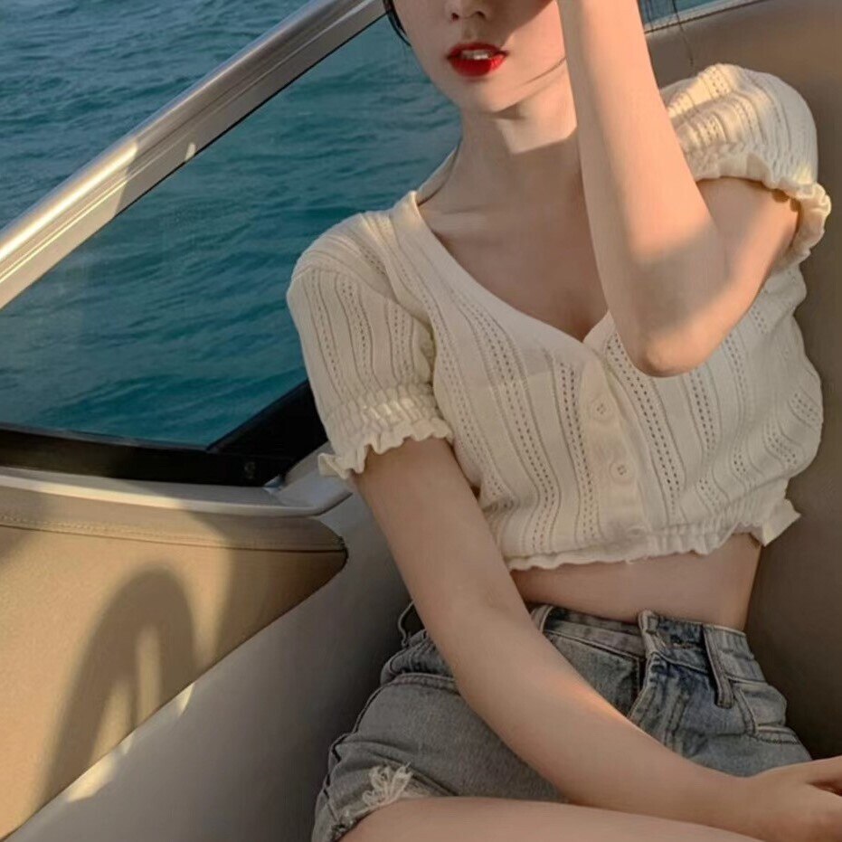 トップス ニット カーディガン プルオーバー サマーニット レディース 春夏 きれいめ 半袖 ミニ ミニ丈 へそ出し 半袖 パフスリーブ Vネック スリム タイト 細身 前開き 透け感 ホワイト ワン