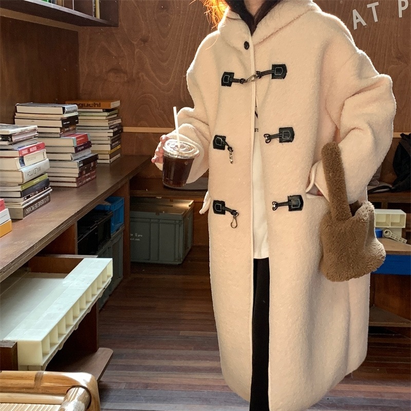 アウター レディース コート ダッフルコート S M L 韓国 ミディアム丈 長袖 ドロップショルダー ネックボタン オーバーサイズ フード付 大人可愛い きれいめ 上品 お洒落 大人女子 こなれ感