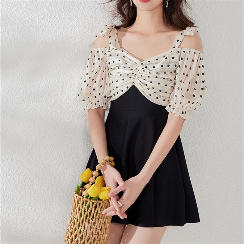 【急速出荷!】レディース 水着 ワンピース水着 女性 ビーチウェア 半袖 ドット柄 黒 イベント 旅行 インナーパンツ付き 水泳 海辺 夏 可愛い 女子水着 ポイントの使用