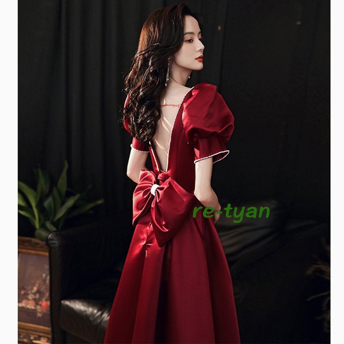 パーティードレス 結婚式ウェディングドレス ミモレ丈ワンピース リボン付き ワインレッド フォーマル 膝下 二次会成人式 同窓会 キレイめ 大人 上品20代30代