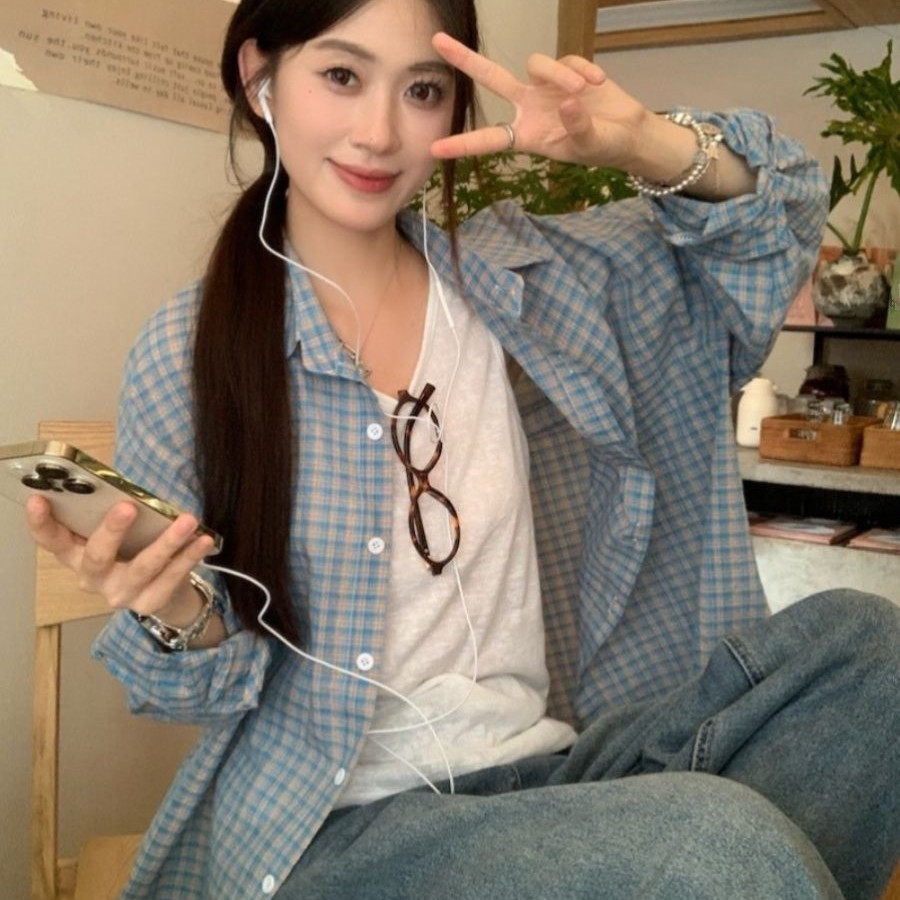 初 青 チェック シャツ レディース 長袖 アウター ゆったり 重ね着 シャツ アウター リラックス風 トップス109