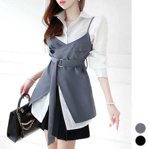 セットアップ レディース 長袖 シャツ ロング ビスチェ アンサンブル トップス ツーピース 上品 きれいめ 春 秋 冬 韓国 to24880 5,675円