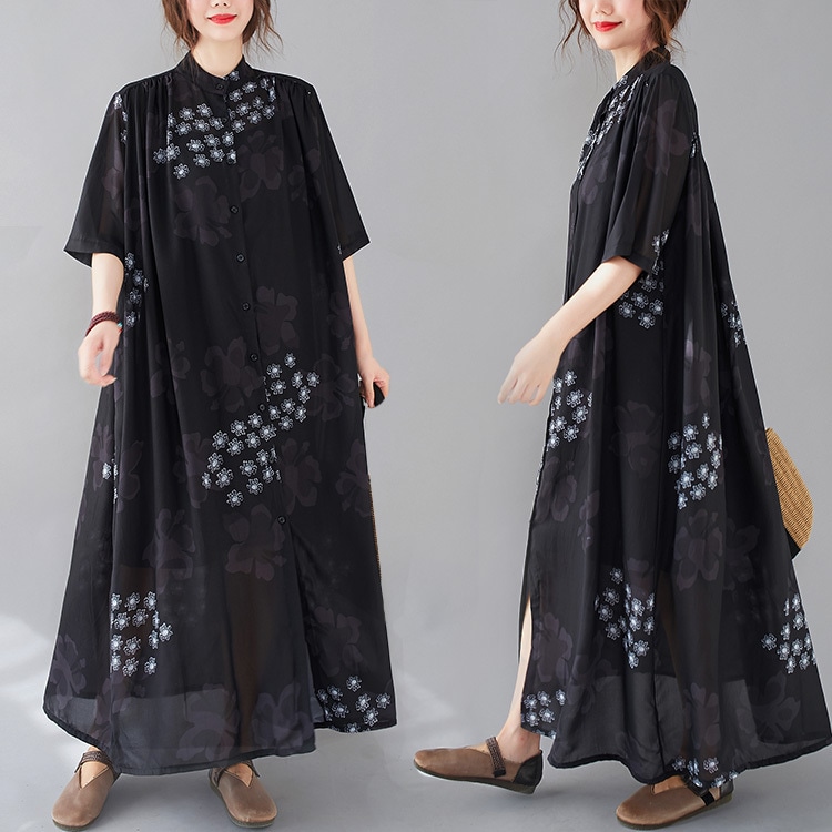 ワンピース シャツワンピース フレアワンピース エスニック調 スタンドカラー 花柄 半袖 ゆったり ラフ ルーズ 体型カバー ロング丈 フレア Aライン レトロ シック 大人女子 大人可愛い