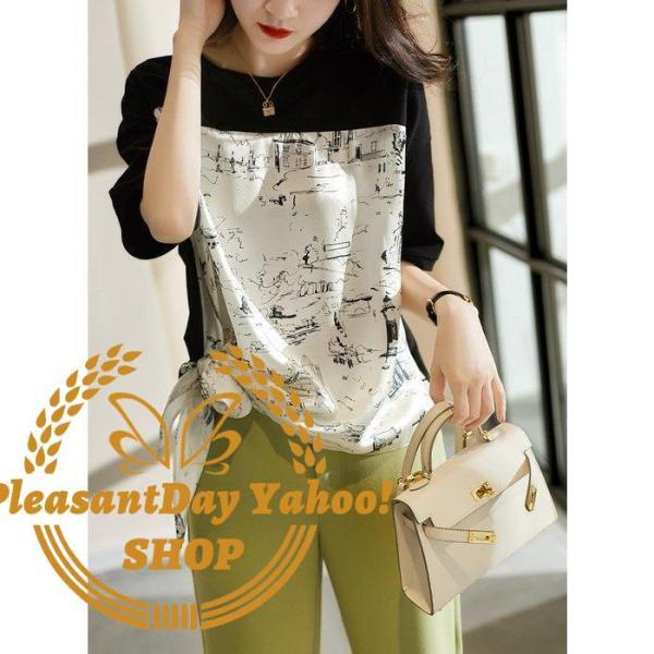 Tシャツ レディース 40代 春夏新作 上品Tシャツ シフォンブラウス プリント切り替え 半袖トップス 大人 オシャレ通勤 tシャツ 30代 50代 カジュアル