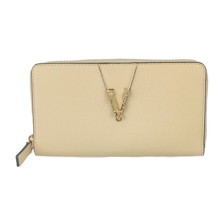 新品未使用展示品 VERSACE ヴェルサーチェ ヴィルトゥス ラウンドファスナー 長財布 1006263 ベージュ ゴールド金具 レザー レディース ヴェルサーチ レターV【本物保証】