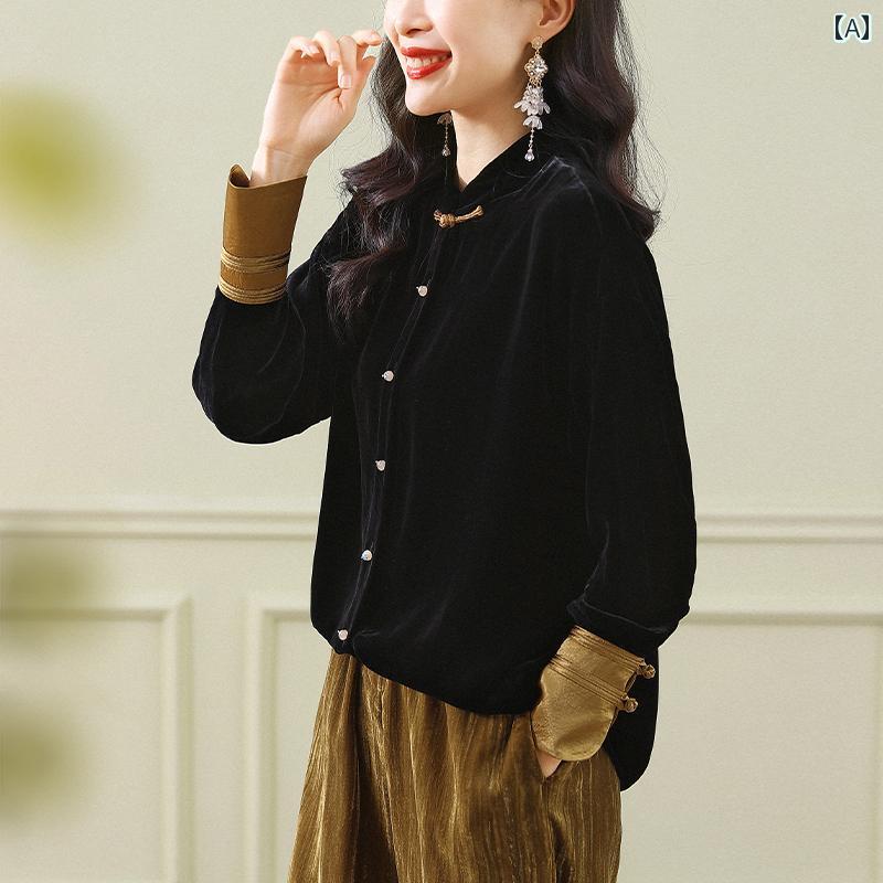 レディース シャツ ブラウス 起毛 チャイナ風 長袖 アーバン ノーブル スタイリッシュ ショッピング オフィス コーデ