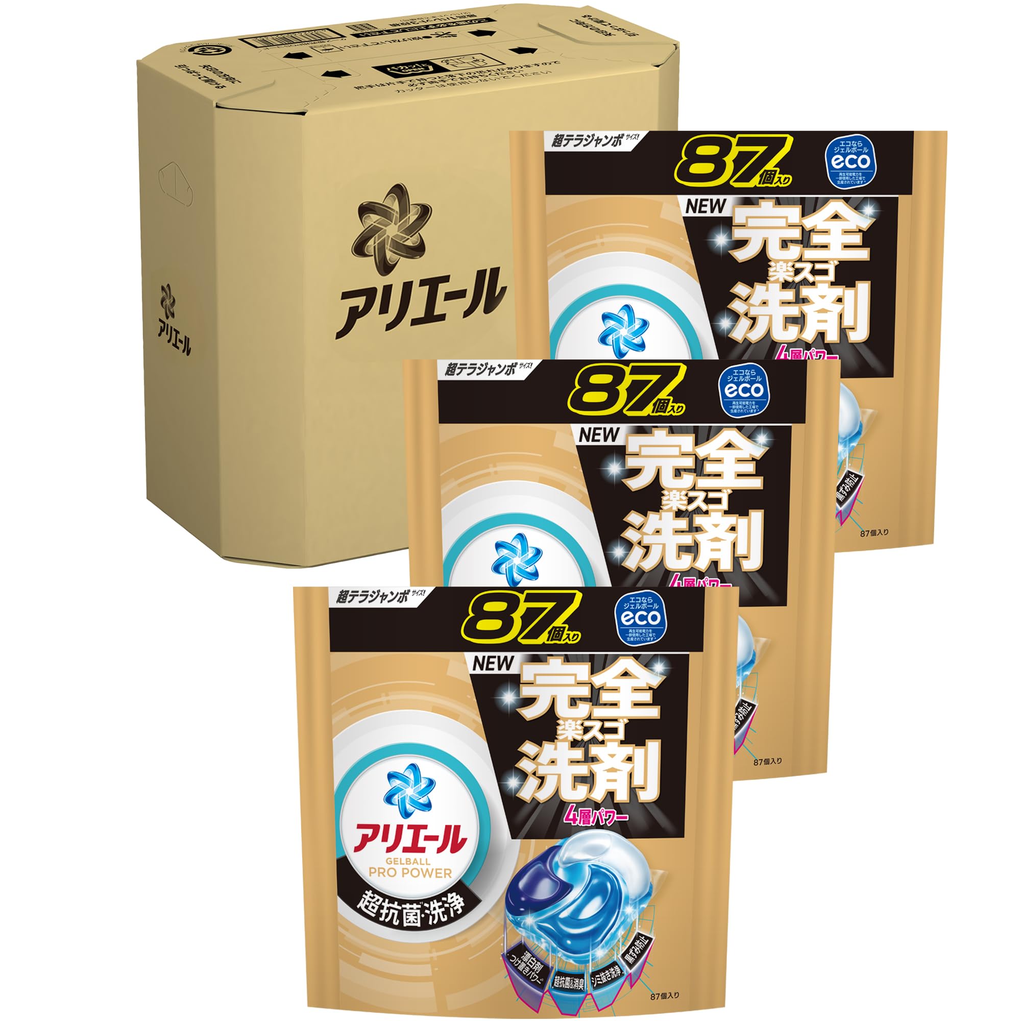 即日発送 アリエール 洗濯洗剤 ジェルボール プロ パワー 超抗菌・洗浄 クリーンフレッシュの香り 詰め替え 87個 ｘ3袋 [大容量] [ケース品]