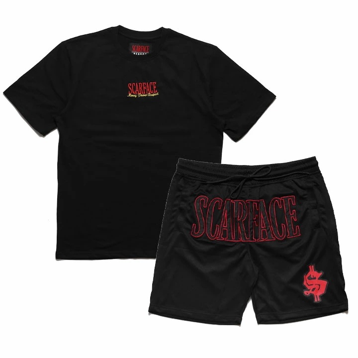REASON × 映画 スカーフェイス 上下セット 半袖 ブランド Tシャツ ハーフパンツ メンズ 春夏用 黒 大きいサイズ Scarface 限定 コラボ リーズン