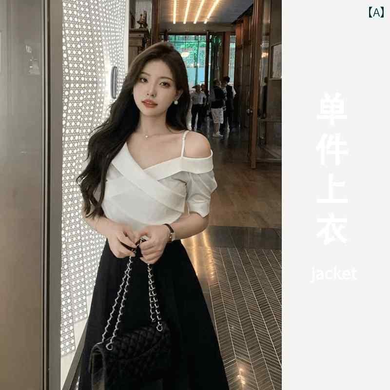 レディース　　Tシャツ　 フレンチ 白い サスペンダー 半袖 シャツ 女性用 2025夏 ユニークで 美しい スリムフィットの オフショルダー トップ