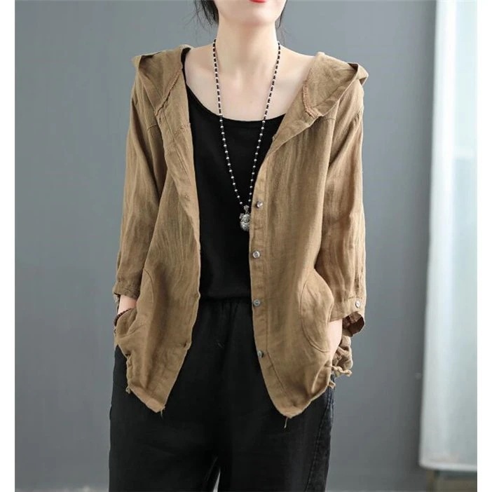 ジャケットレディース綿麻フード付きアウター薄春物サマージャケット20304