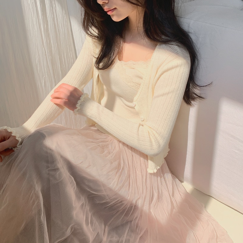 [tst0083] 韓国ファッション ニーソン レース スリーブレス カーディガン セット